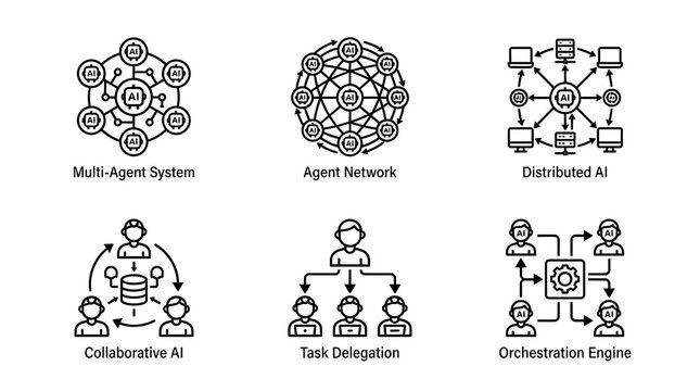 AI Multi-Agent System and Distributed Network Icon Set