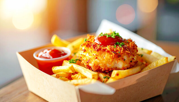 Takeout crab cakes and French fries in a cardboard container. AI