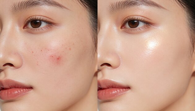 Split screen comparison of acne prone skin and clear glowing complexion showing skincare treatment results dermatology beauty routine before and after facial improvement concept