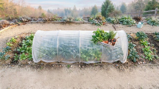 Aerial view of frost covered vegetable tunnel with market basket of produce