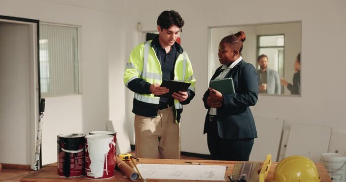 Architect, clipboard and handshake on site with supervisor, review blueprint or building compliance. People, talk and shaking hands with commercial property manager, architecture or design checklist.
