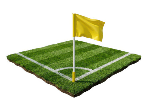 Yellow corner flag on a green grass soccer field pitch with white line markings