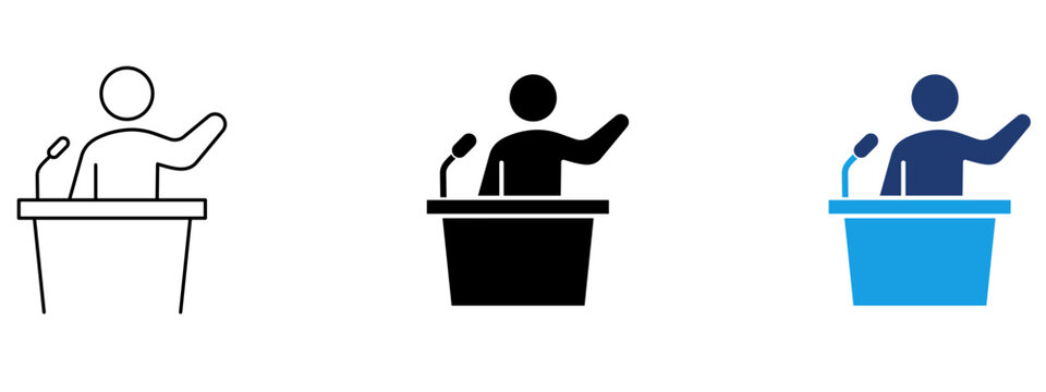 Speaker at podium presentation icon in outline, glyph and colored styles. Business speech, public speaking, conference, lecture, seminar, education, announcement and leadership vector symbol.