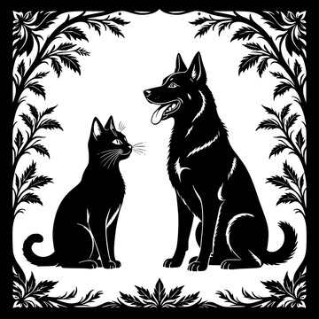 Cat and dog silhouette vector illustration, transparent background PNG version.