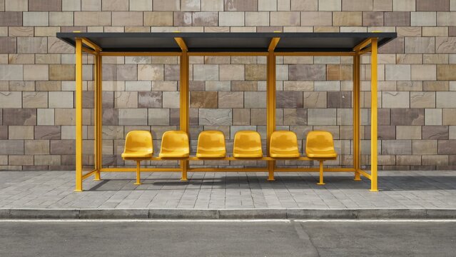 Empty yellow bus stop shelter with six plastic seats against a stone wall