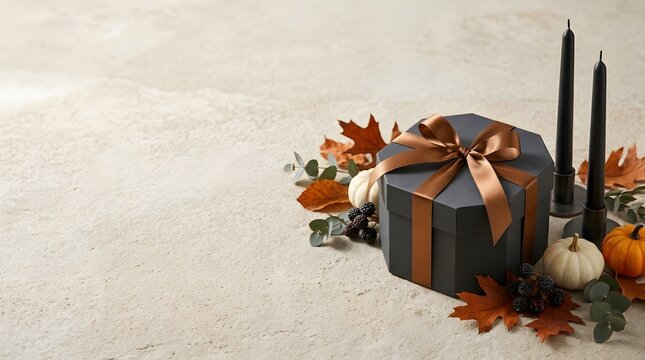 Hexagonal gift box tied with a satin copper ribbon rests on a textured floor surrounded by black candles and white pumpkins.