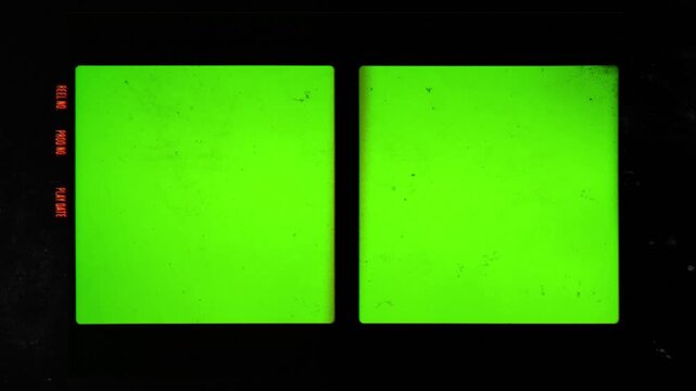 Green screen split screen vintage film frame overlay with dual chroma key windows, authentic side text, retro dust, scratches, and analog film grain.