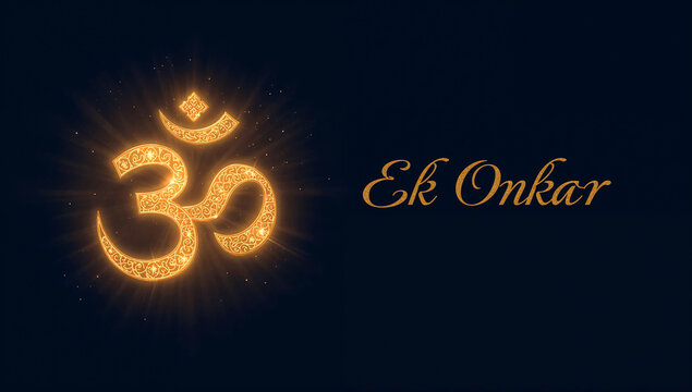Golden om symbol with ek onkar text on dark background spiritual religious meditation typography buddhism background mystical devotion tradition abstract serenity enlightenment greeting