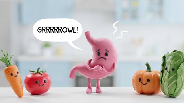 Claymation stomach character growling with sad expression surrounded by vegetables