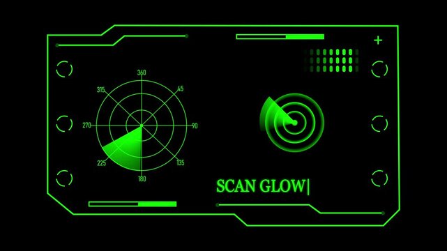 Digital radar scanning interface with glowing green circular and technical data frames on a black background for futuristic user