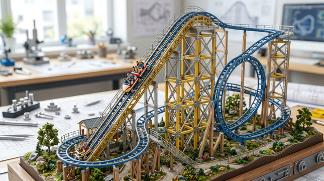 Detailed miniature roller coaster scale model on a workshop table, creative engineering and design concept