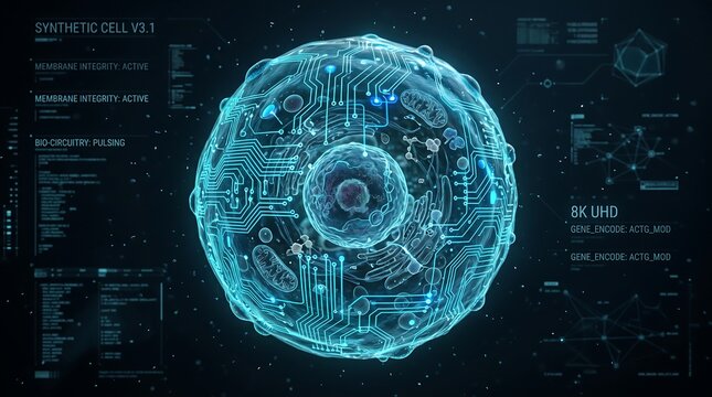 Futuristic synthetic biological cell with digital circuitry and holographic interface for advanced metamaterial DNA research