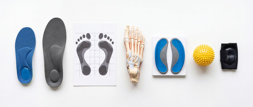 Several items related to foot health are arranged on a white table. The items include insoles, a foot model, and a pressure chart. They are used for foot care and support