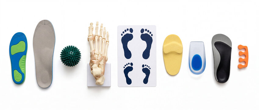 Foot care products are laid out in a straight line. There are insoles, a foot model, a massage ball, and printed foot outlines. This setup is for showing foot health and care