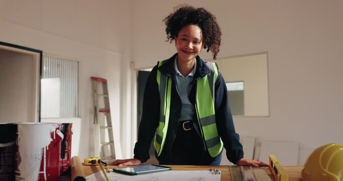 Construction, happy or woman on site with face, contractor or about us in architect profession. Pride, portrait or structure engineer with thinking, confidence or developer in building industry.