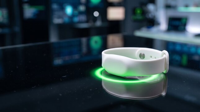 Futuristic white wearable smart band charging on a glowing green induction dock in a high-tech laboratory