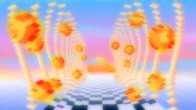 Blurred orange polyhedrons surge through a vibrating pastel checkerboard corridor
