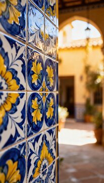 Close-up of bold hand-painted Talavera ceramic tile wall with cobalt blue and golden yellow floral pattern, blurred warm Spanish courtyard arch in background