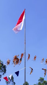 Vertical video of the Indonesian flag waving beneath a clear blue sky during Independence Day celebration, featuring rural scenery, patriotic decoration, and national pride with copy space.