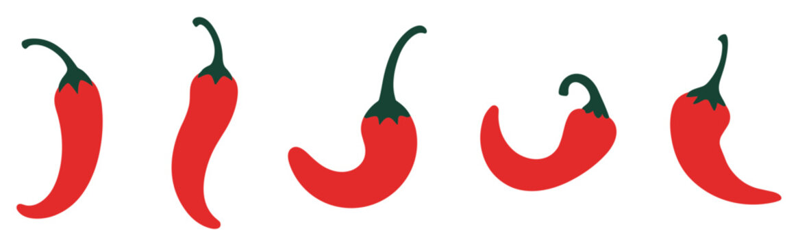 A diverse collection of five red chili peppers with green stems are displayed in a row against a clean white background