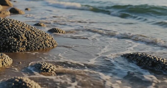 Close-up of barnacle covered rocks on sandy beach.