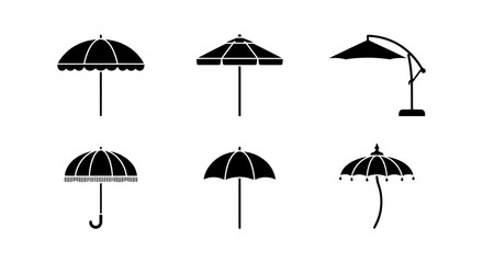 Outdoor Patio Umbrellas, Beach Parasols, Sunshade Icons Set, Black Silhouette Vector Graphics © MARIYA