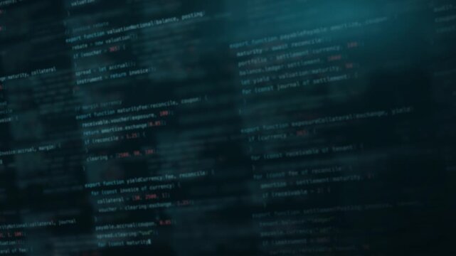 Dynamic blurred code background in shades of cyan, featuring glowing text and intricate programming elements, perfect for finance and technology themes, creating a modern digital atmosphere.