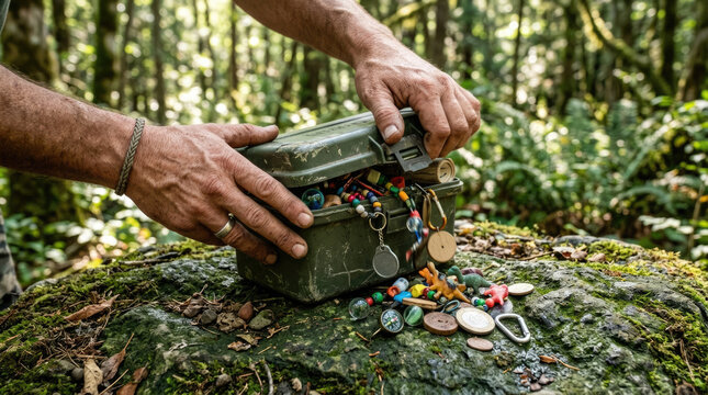 Hands opening a green geocache box on a mossy forest rock, concept of outdoor recreation and treasure hunt discovery