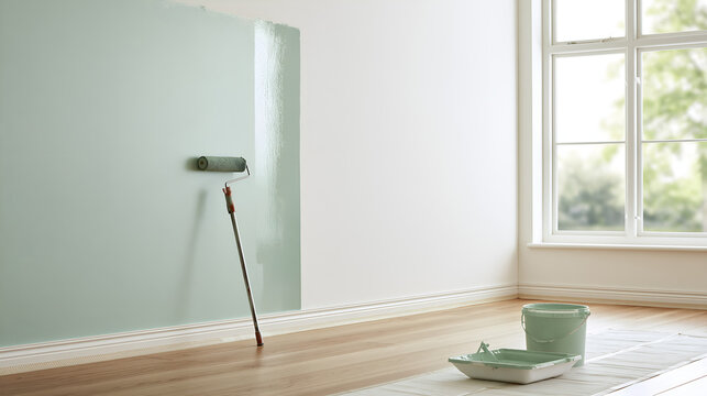 Repainting a room wall in fresh pale mint with a roller