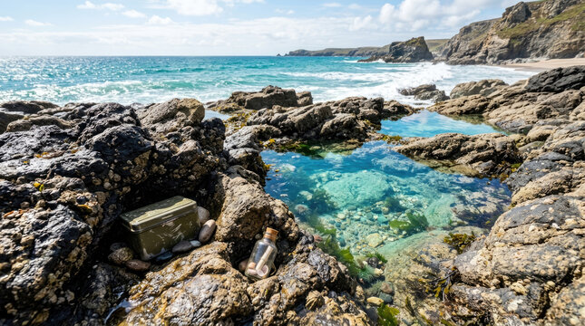 Hidden geocache container and message in a bottle on a rocky coast, outdoor adventure and treasure hunting concept