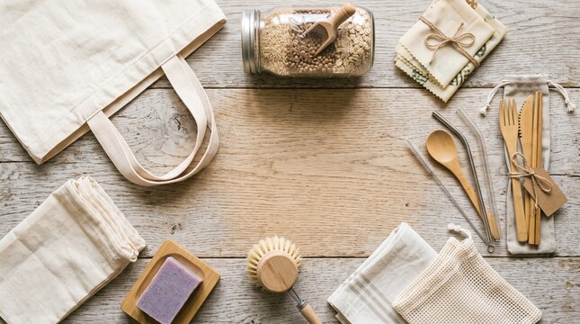 Zero Waste Lifestyle Essentials: A collection of sustainable and reusable items, including a canvas tote bag, glass jar with oats, cloth napkins, bamboo cutlery, and natural soap.