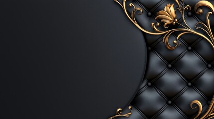 Naklejka premium Luxurious Black Leather Tufted Chair with Gold Ornate Details.