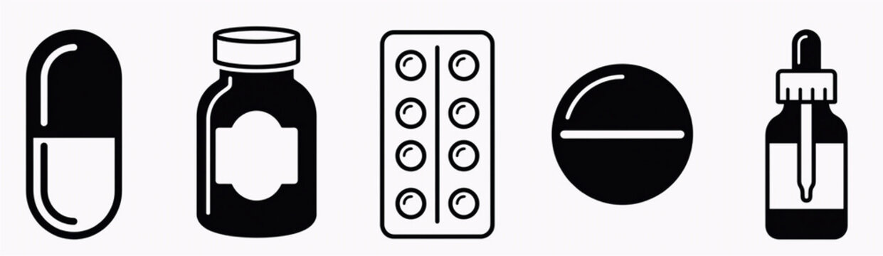 Medical tablets capsule pill bottle and dropper glyph icon set,Healthcare and medical treatment solid black icon set for web,