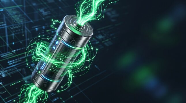 Charged Future: A powerful battery icon, emitting vibrant green energy, symbolizes innovation and the sustainable power of technology and science.