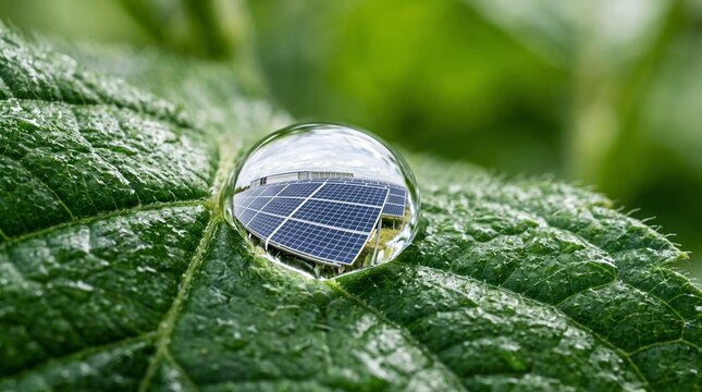 Solar Panel Reflected in Water Droplet: A water droplet perched on a vibrant green leaf reflects the image of solar panels, symbolizing the harmonious coexistence of nature and renewable energy.