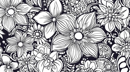 Fototapeta premium Intricate black and white floral pattern with daisies and leaves