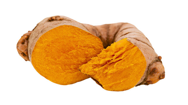 Bright orange turmeric root cut in half showing fibrous texture, isolated on transparent background
