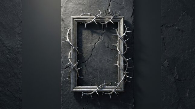 Empty frame with thorns on dark stone wall.