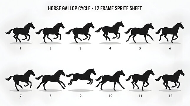 Black Horse Gallop Animation Sprite Sheet Showing 12 Frames Sequence Movement Vector Illustration