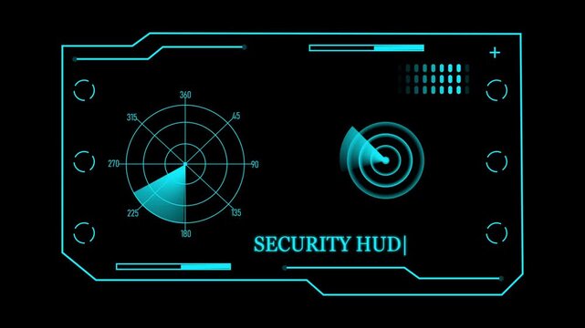 Cyan security hud interface with circular radar scanners and data bars on a dark background for futuristic technology and navigation concepts display