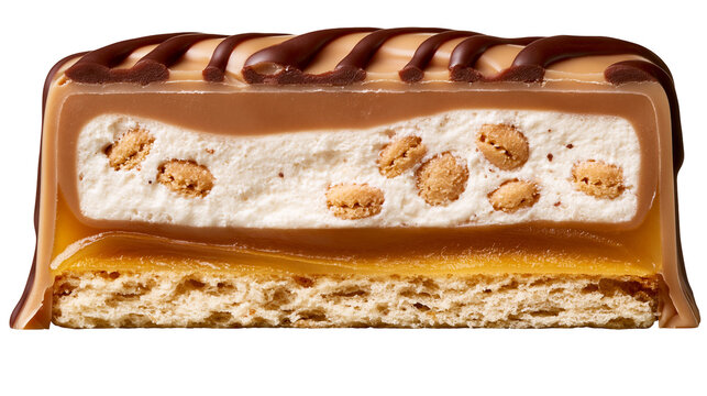 Layered nougat and caramel candy bar with peanuts, isolated on transparent background