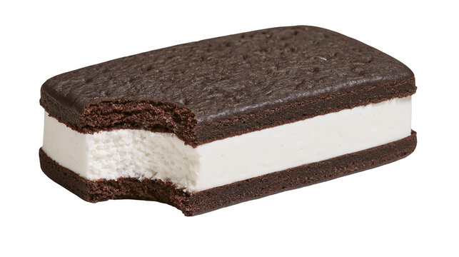 Dark chocolate ice cream sandwich with a bite taken out, isolated on transparent background