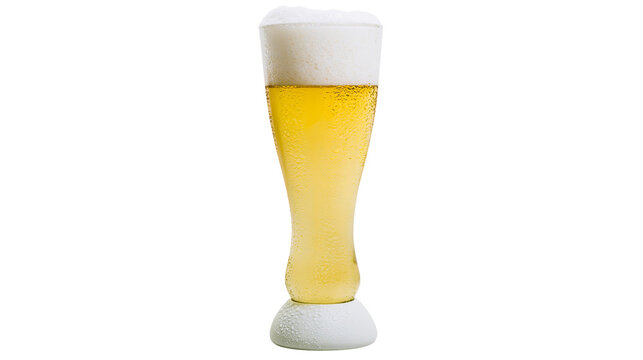 Tall glass of golden lager beer with frothy white head, isolated on transparent background