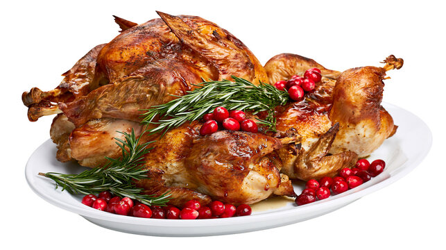 Golden roasted whole turkey with fresh rosemary and cranberries, isolated on transparent background