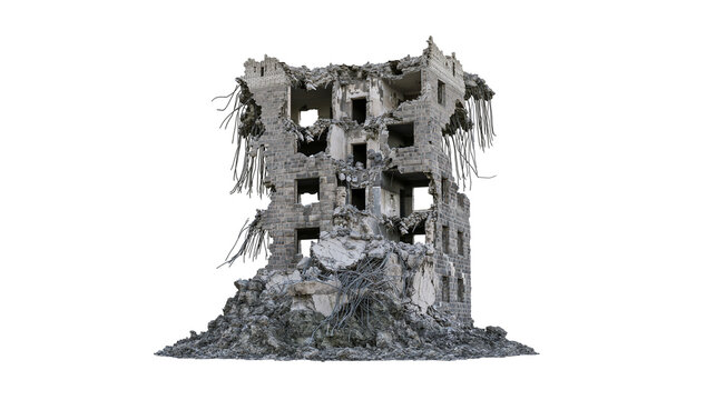 Crumbling concrete building ruins with exposed rebar, isolated on transparent background
