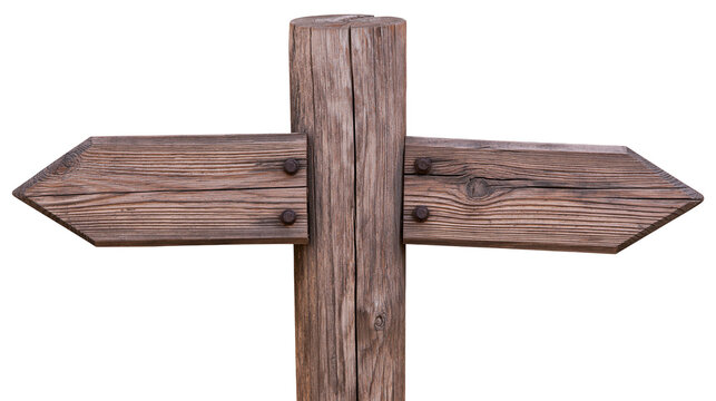 Rustic wooden directional signpost with two arrow-shaped planks, isolated on transparent background