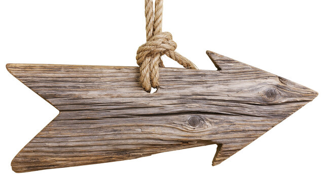 Rustic wooden arrow sign with coarse rope knot, isolated on transparent background