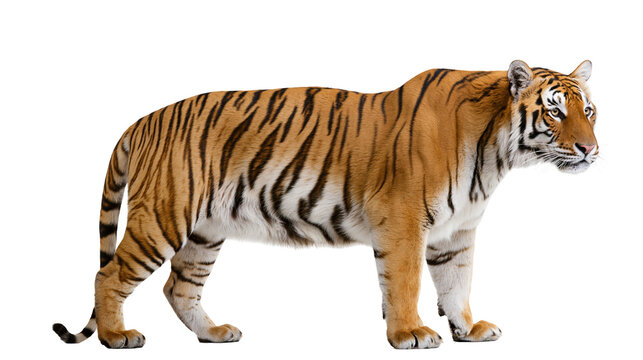 Majestic Bengal tiger with orange and black stripes, isolated on transparent background