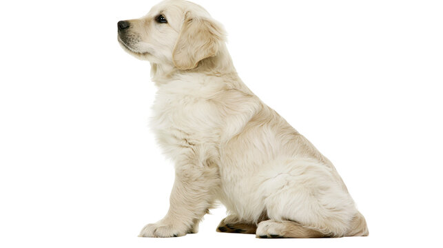 Fluffy golden retriever puppy sitting attentively, isolated on transparent background