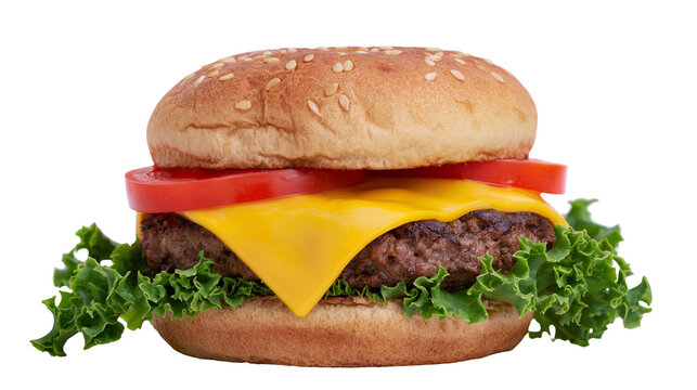 Juicy beef burger with melted cheddar cheese fresh lettuce and tomato slices, isolated on transparent background